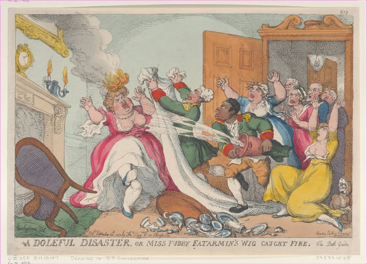 Un Desastre Lamentable, o la Peluca de Miss Fubby Fatarmin se Incendió, 20 de septiembre de 1813 de Thomas Rowlandson