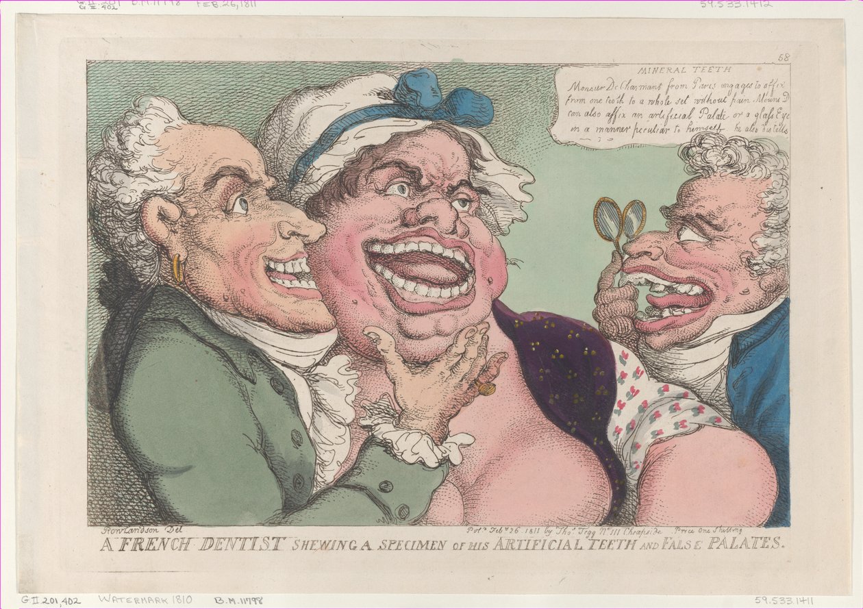 Un dentista francés mostrando una muestra de sus dientes artificiales y paladares falsos..., 26 de febrero de 1811 de Thomas Rowlandson