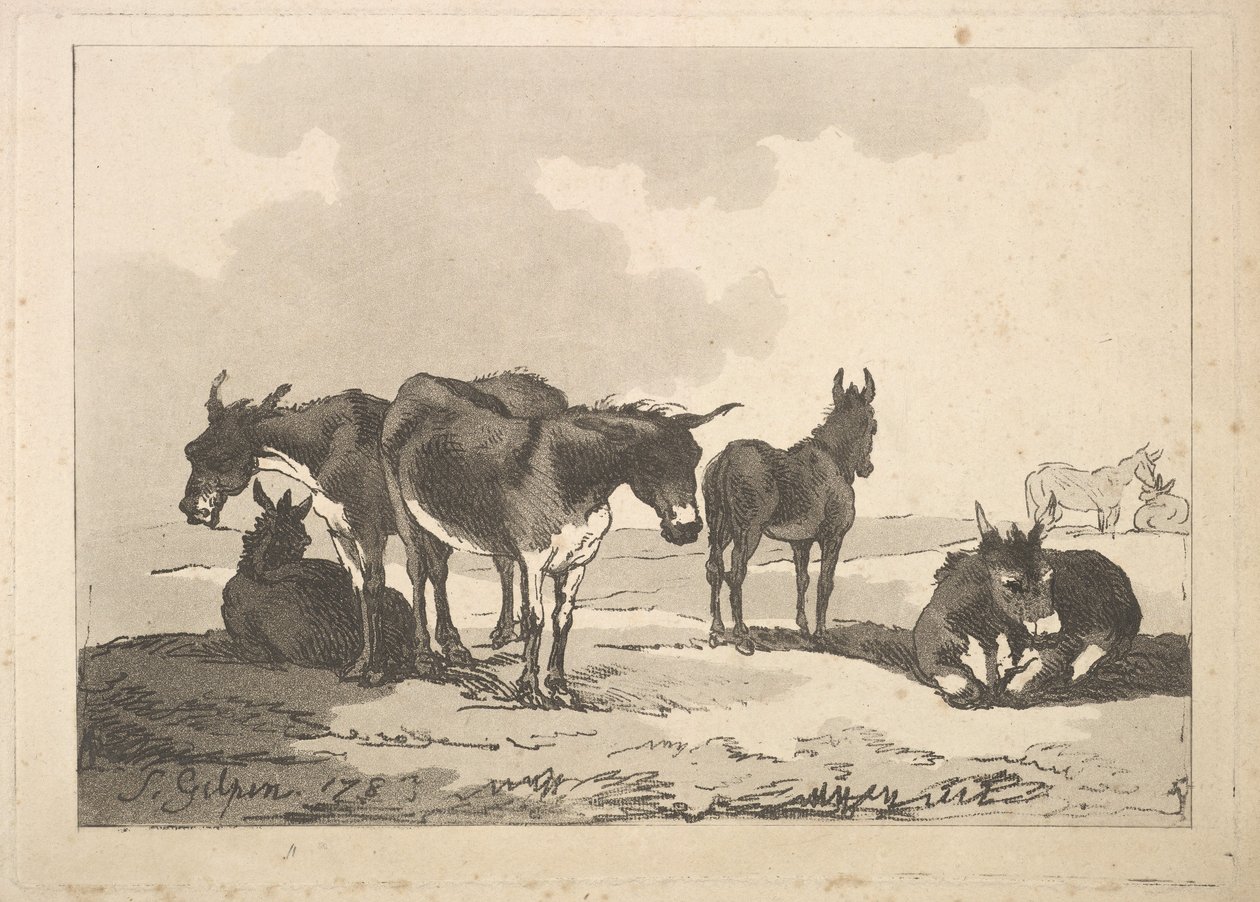Un grupo de cinco burros, tres de pie, dos acostados de Thomas Rowlandson