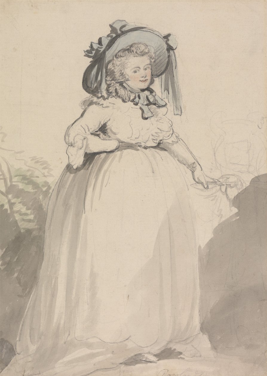 Una señora con un vestido blanco y un sombrero azul de Thomas Rowlandson
