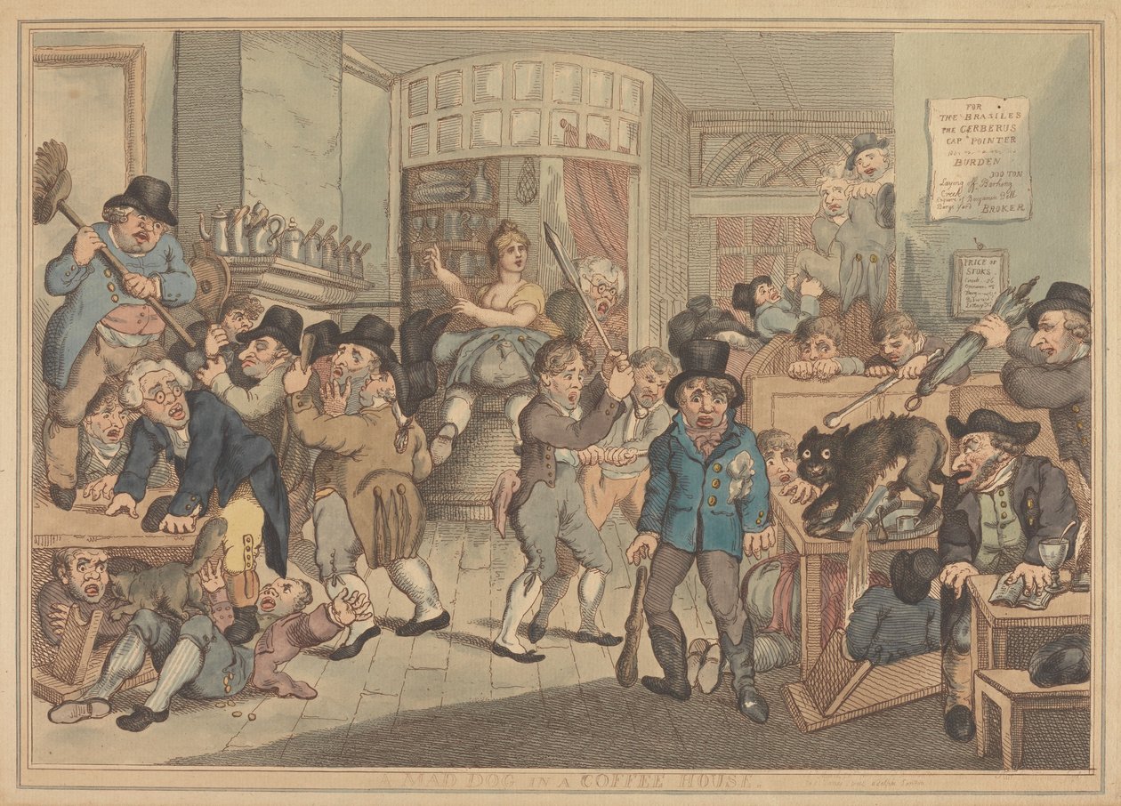 Un perro rabioso en una cafetería de Thomas Rowlandson