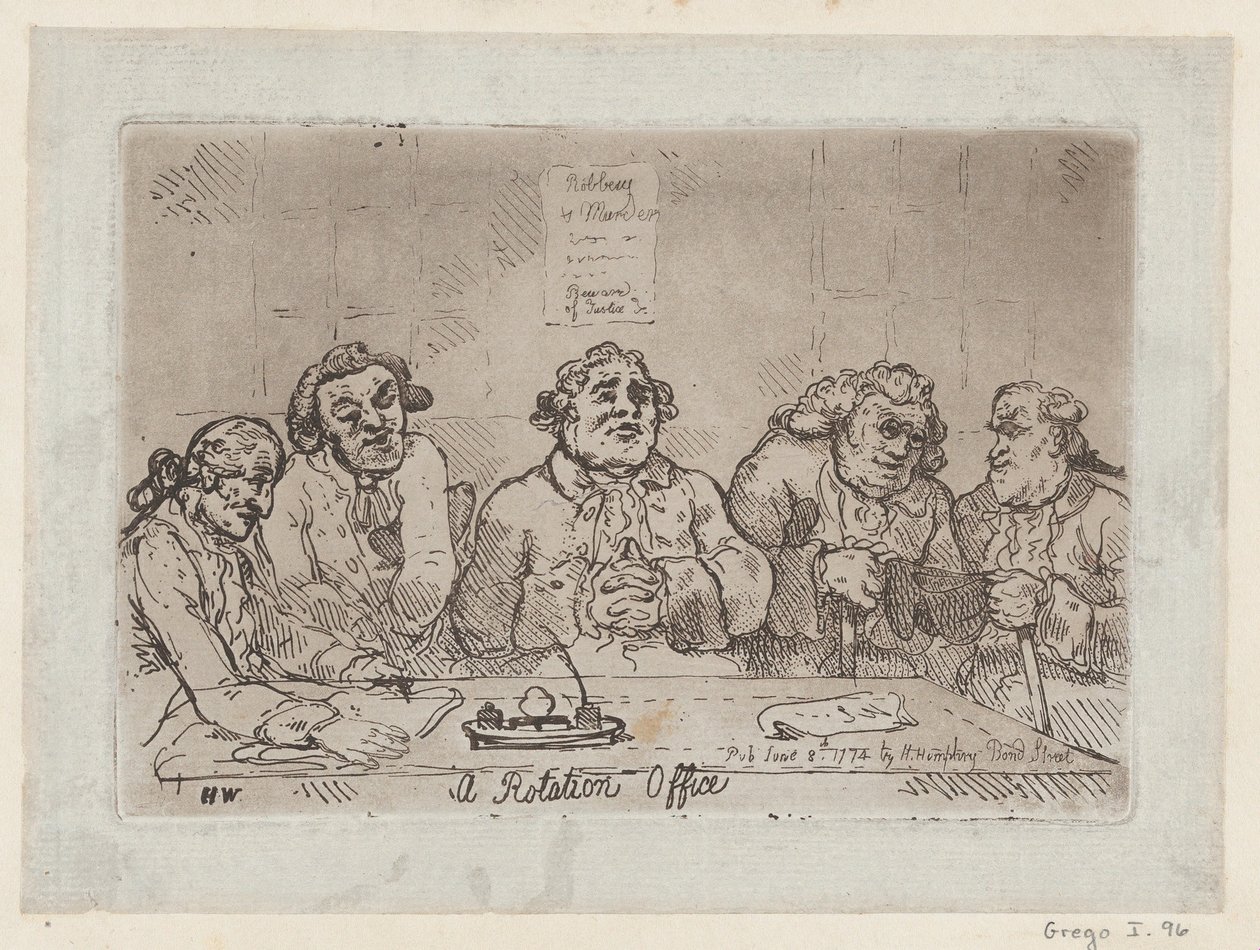 Una oficina de rotación, [8 de junio de 1774] reedición de 1779 de Thomas Rowlandson