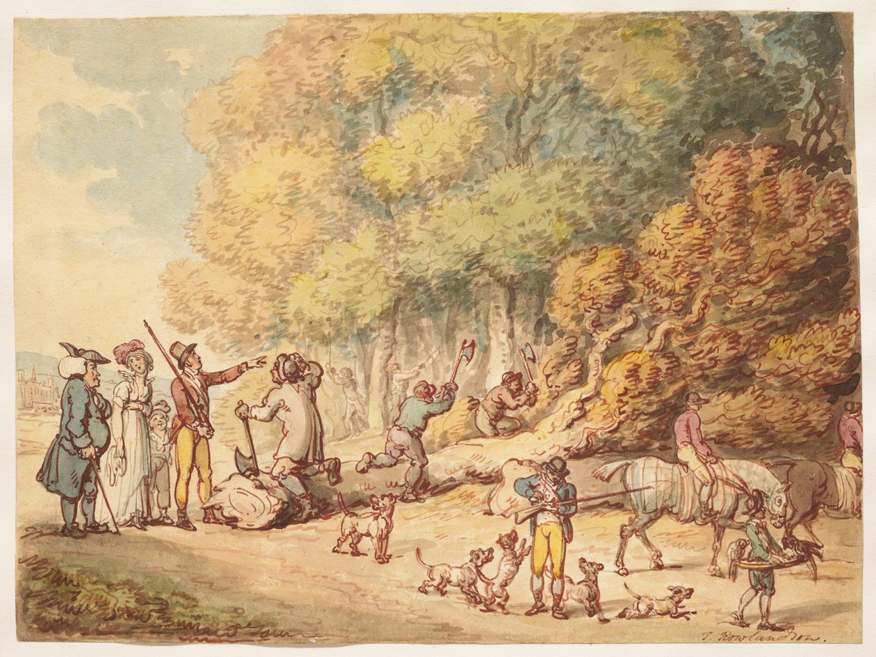 Un cazador con su familia dando instrucciones a unos leñadores para trocear un árbol talado de Thomas Rowlandson