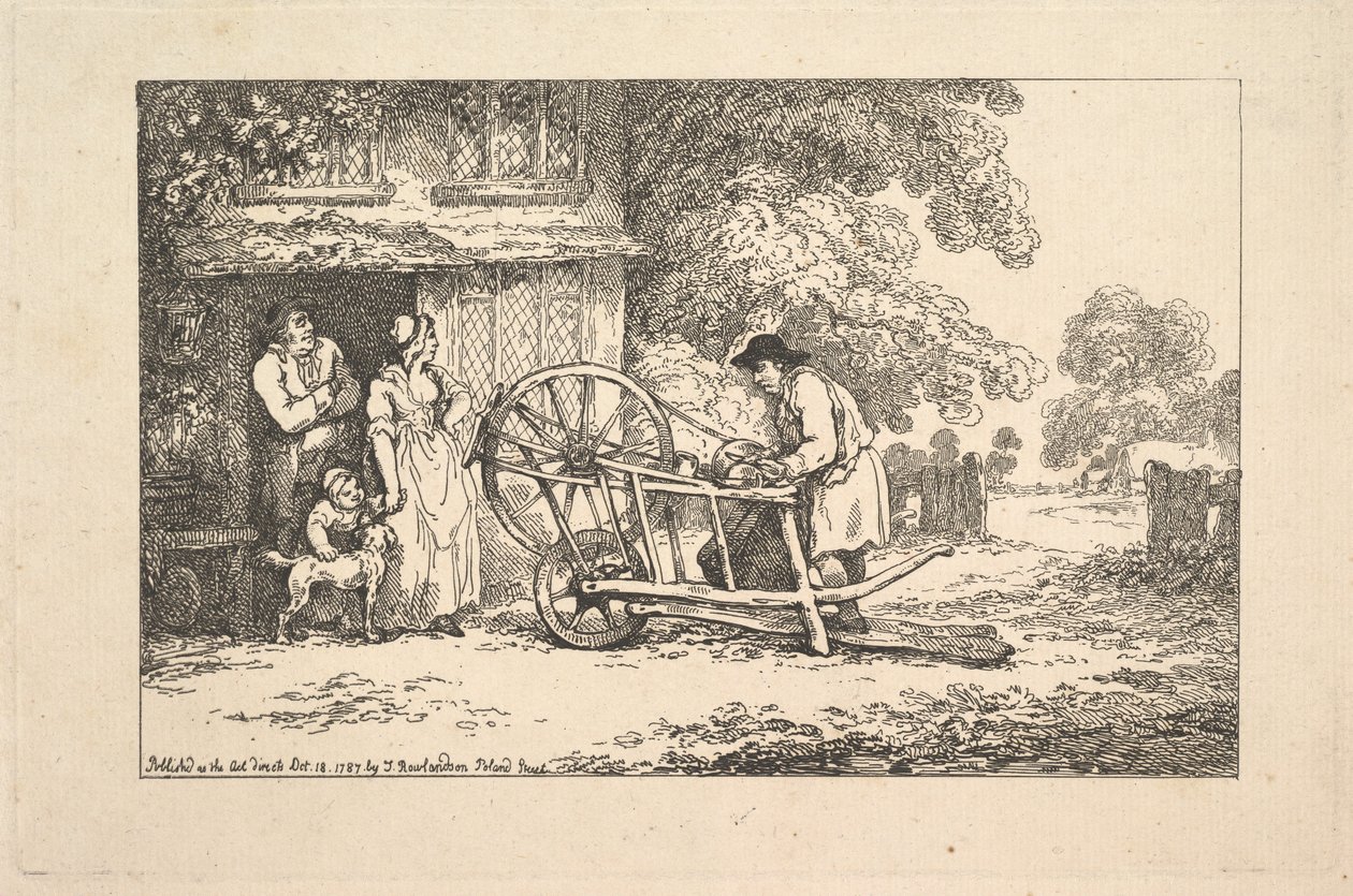 Un afilador ambulante ante la puerta de una casita de Thomas Rowlandson