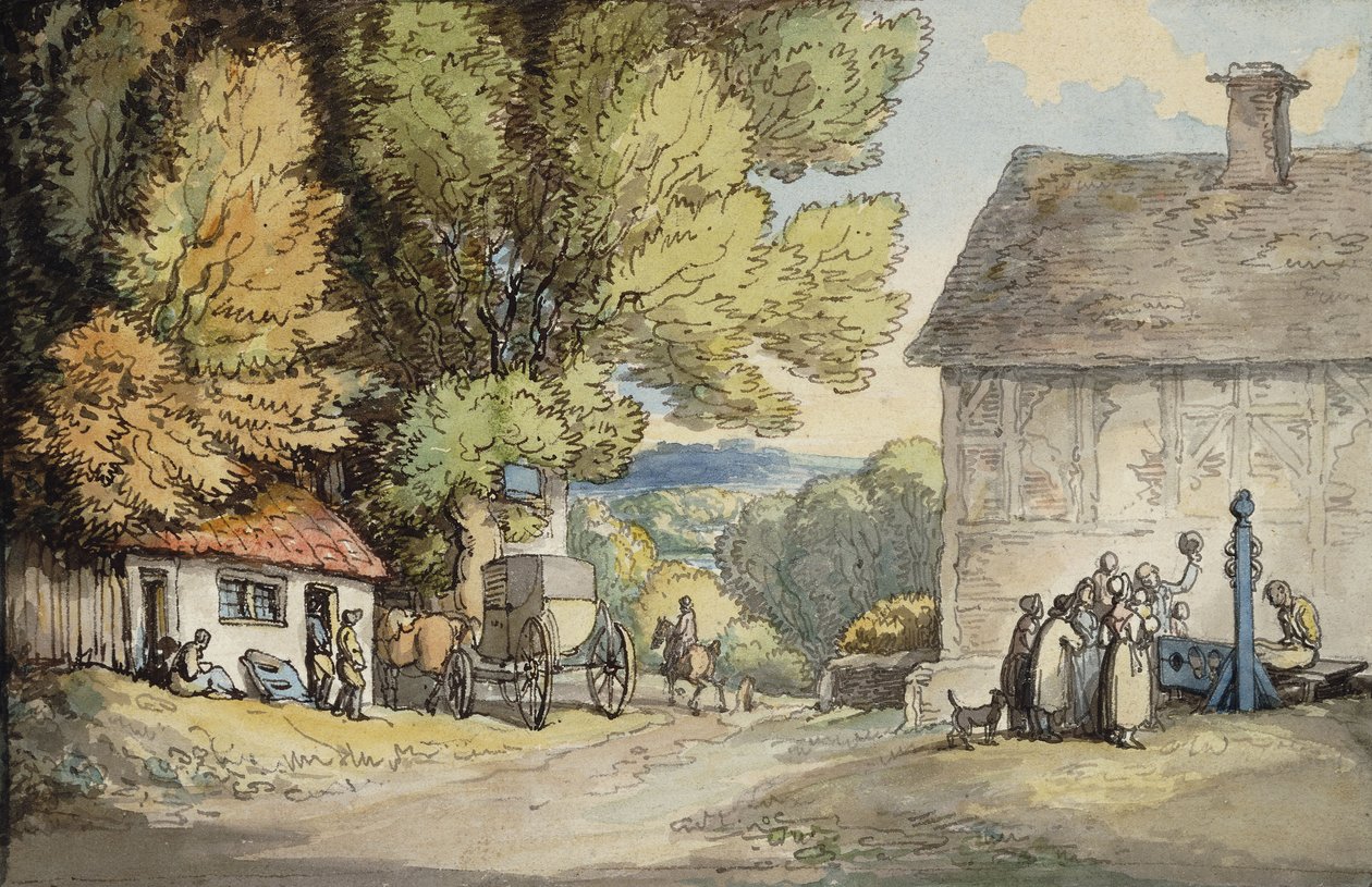 Un verde de aldea: un carruaje detenido bajo un árbol, con un hombre en el cepo y un grupo de espectadores de Thomas Rowlandson