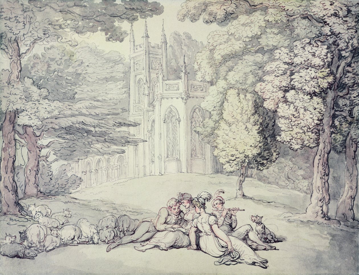 Un verde universitario con un grupo de damiselas y jóvenes caballeros en primer plano, c.1810-15 de Thomas Rowlandson
