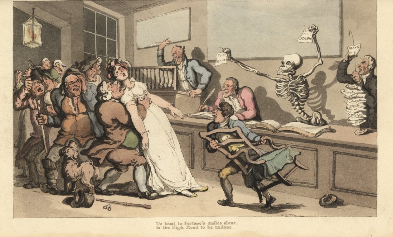 Una mujer expira de shock al ver un papel en blanco brandido por el esqueleto de la Muerte en una Oficina de Lotería. Grabado en cobre coloreado a mano por Thomas Rowlandson de The English Dance of Death, Ackermann, Londres de Thomas Rowlandson