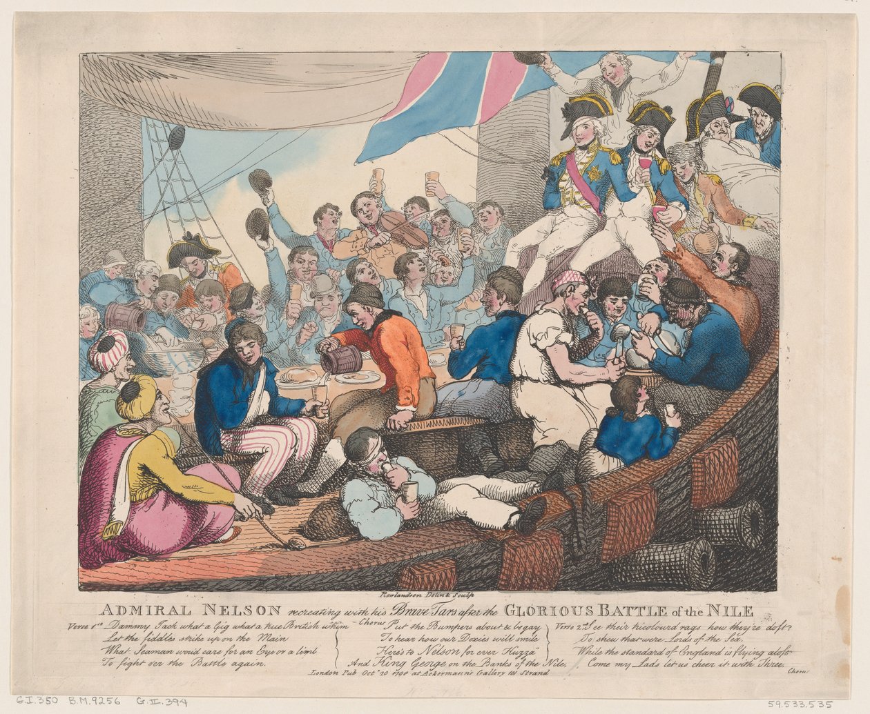 El almirante Nelson recreándose con sus valientes marineros después de la gloriosa batalla de... de Thomas Rowlandson