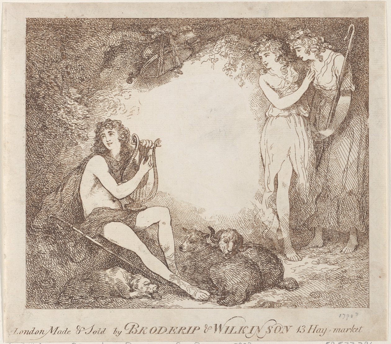 Apolo, Lira y Dafne Tarjeta comercial ilustrando Marian, una ópera de Thomas Rowlandson