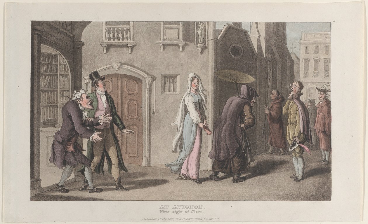 En Aviñón, Primera Vista de Clara, del Diario de Viajes Sentimentales en el..., 1 de diciembre de 1817 de Thomas Rowlandson