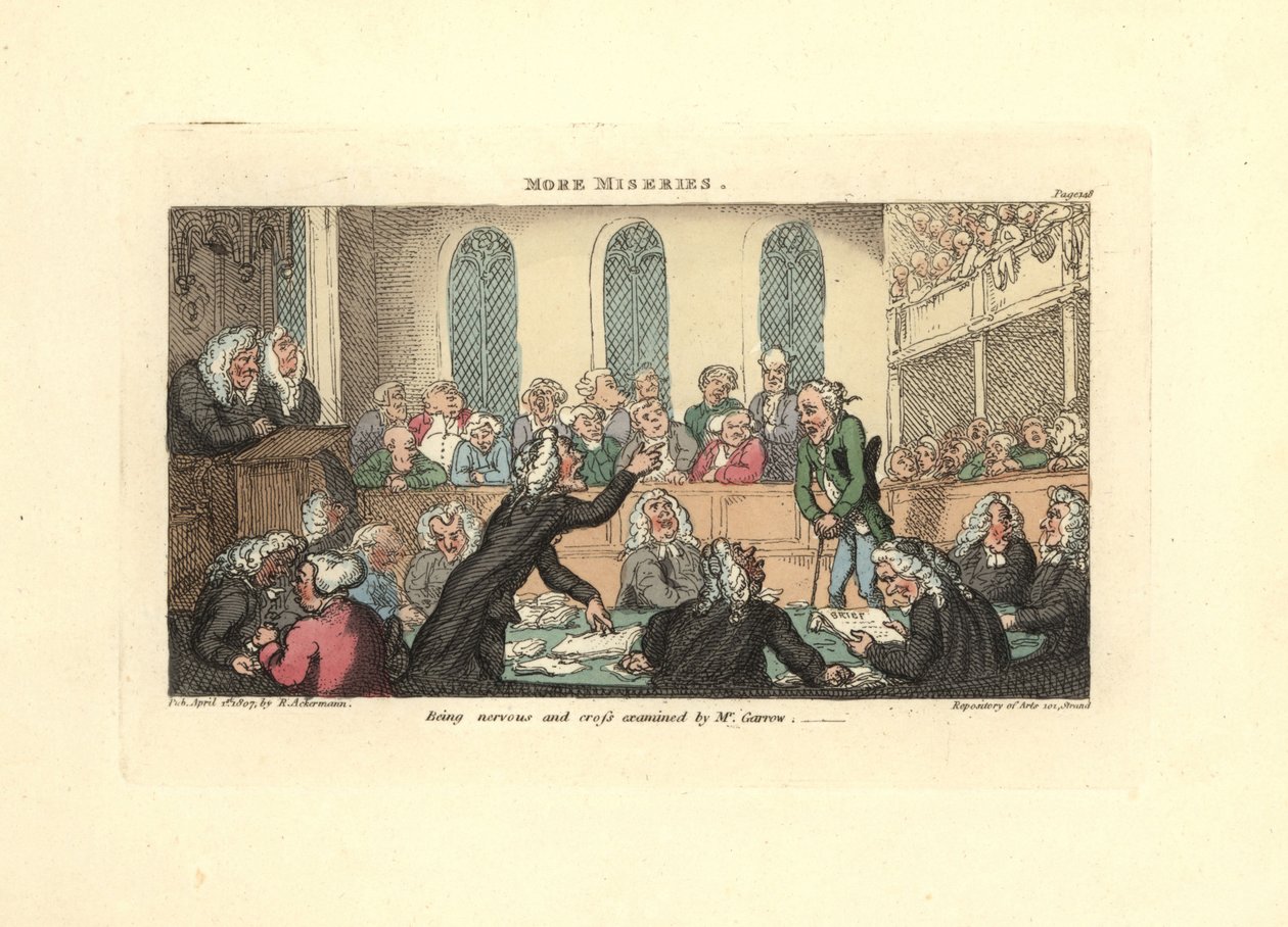 Estar nervioso y ser interrogado por el Sr. Garrow. de Thomas Rowlandson