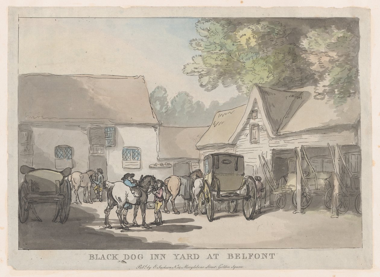 Patio de la posada del perro negro en Belfont, 1785-87 de Thomas Rowlandson