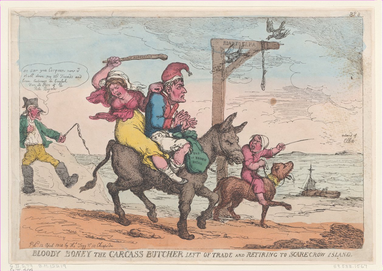 Bloody Boney el Carnicero Carroñero Izquierdo del Comercio y Retirándose a la Isla del Espantapájaros, 12 de abril de 1814 de Thomas Rowlandson