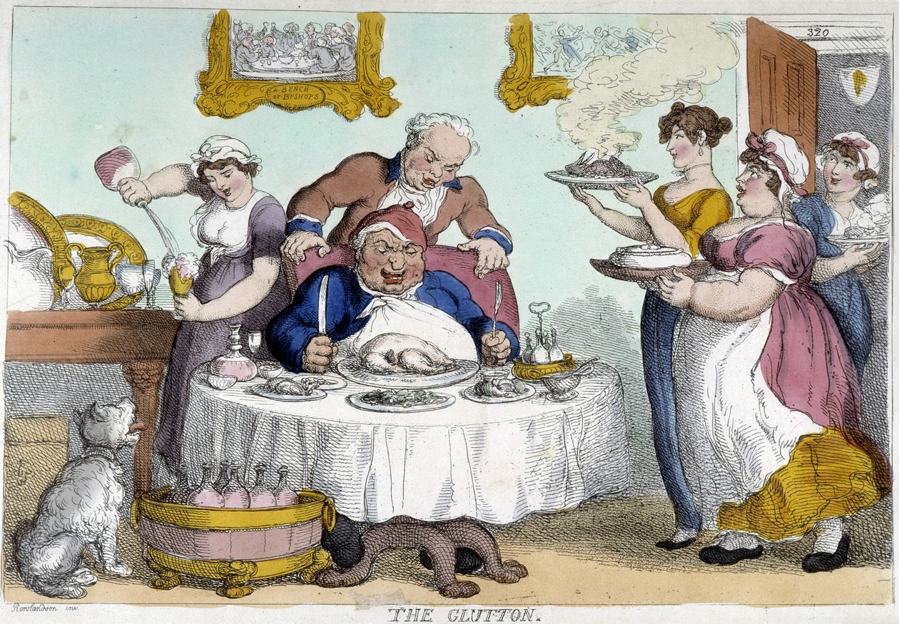 Burgués frente a una comida abundante servida por muchos sirvientes - caricatura de Rowlandson de Thomas Rowlandson