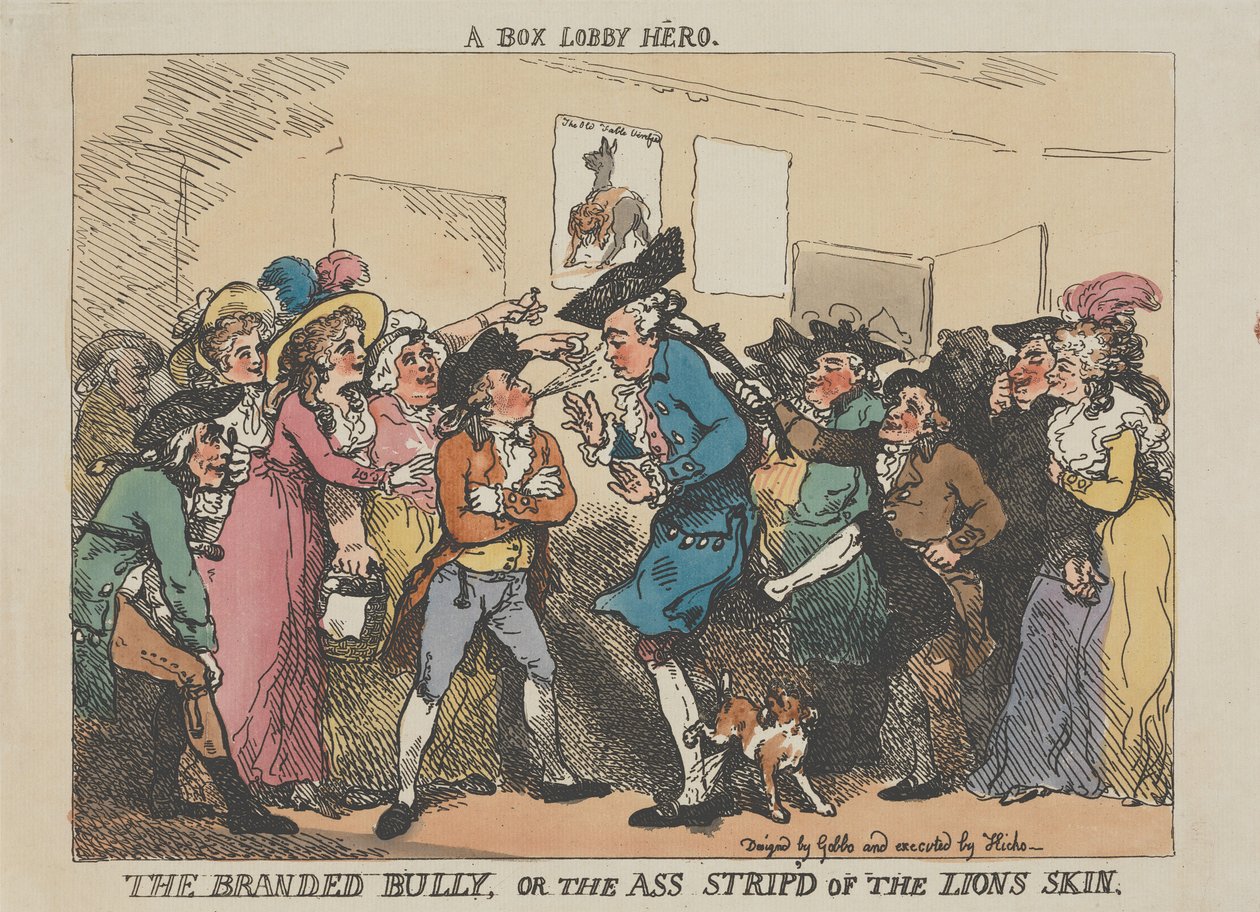 El héroe del vestíbulo del boxeo, el matón marcado o el asno despojado de la piel del león de Thomas Rowlandson