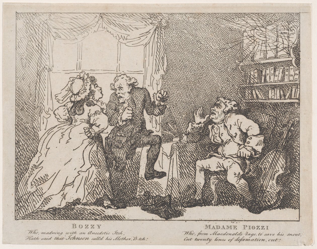 Frontispicio de Bozzy y Madame Piozzi, Bozzy y Piozzi por Peter Pindar, 1780-86 de Thomas Rowlandson