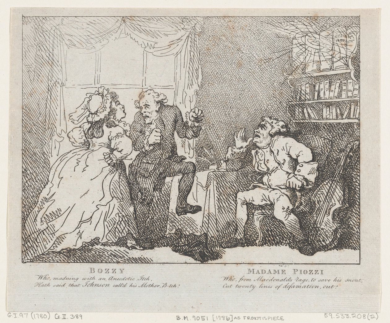 Frontispicio de Bozzy y Madame Piozzi, Bozzy y Piozzi por Peter Pindar de Thomas Rowlandson