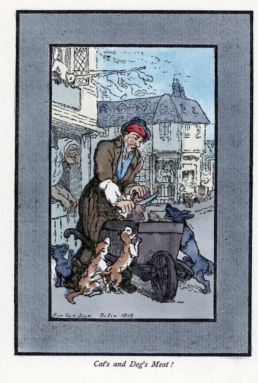 Carnicero itinerante cortando un trozo de carne, atacado por perros y gatos de Thomas Rowlandson