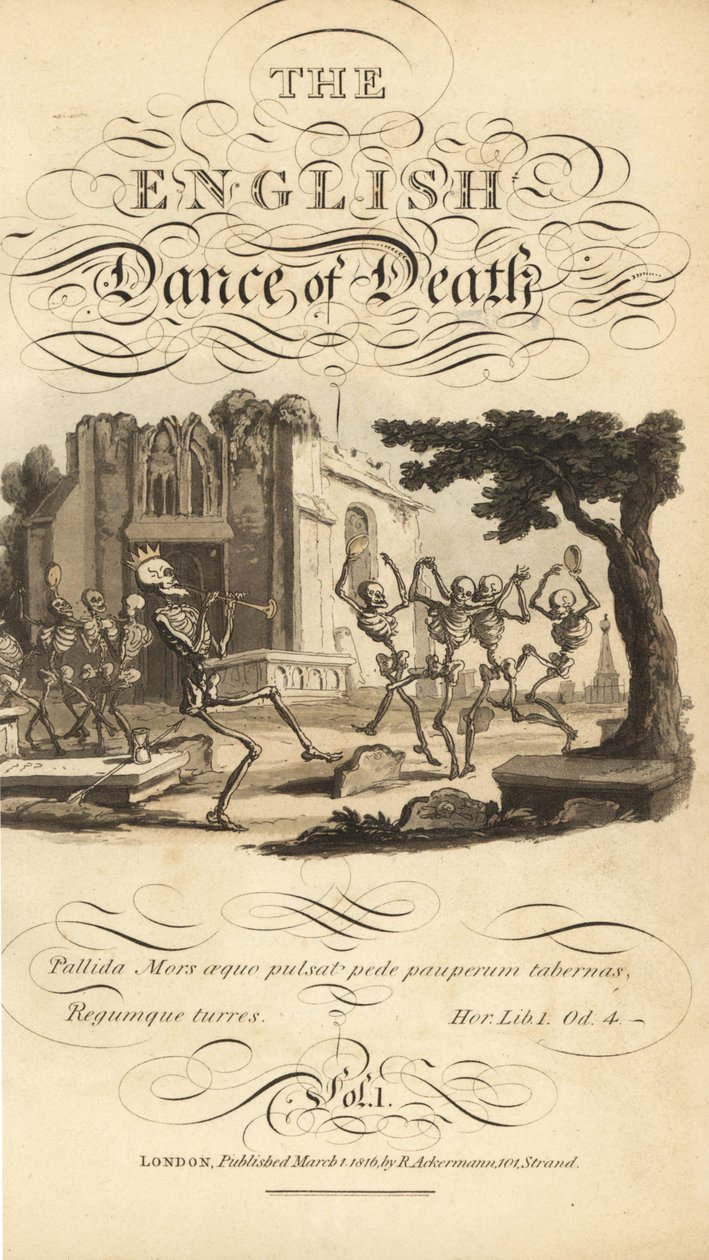 Título caligráfico y viñeta de esqueletos bailando con panderetas y cuernos en un cementerio cerca de una iglesia en ruinas de Thomas Rowlandson