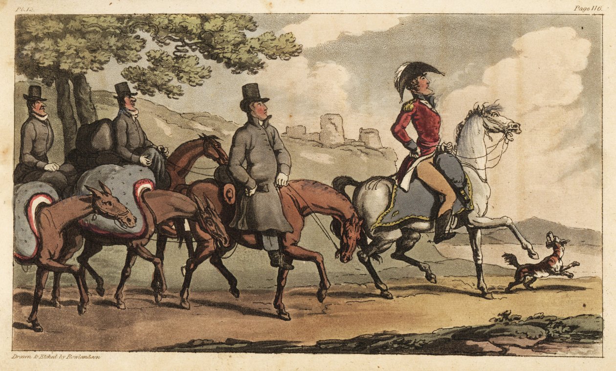 Capitán Johnny Newcome y sus sirvientes con caballos de carga en el camino a Santarém, Portugal, para regresar a la Campaña Peninsular de Thomas Rowlandson