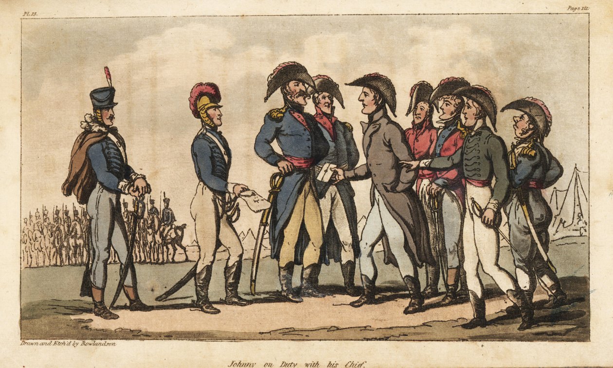 El capitán Johnny Newcome en servicio como ayudante de campo del duque de Wellington durante la campaña peninsular. Ilustración de Thomas Rowlandson de Las aventuras militares de Johnny Newcome, Martin, Londres de Thomas Rowlandson