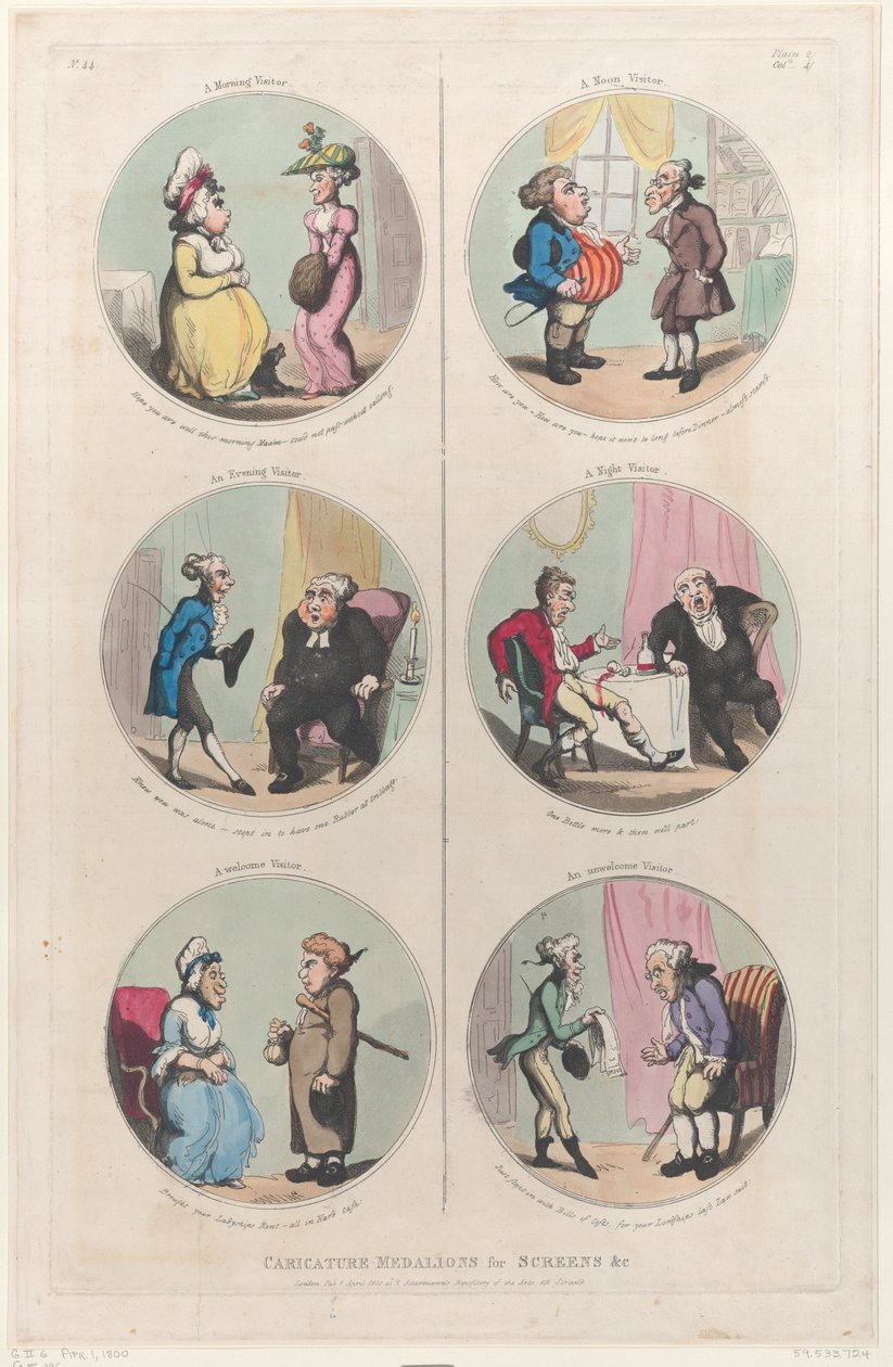 Medallones de caricatura para pantallas, etc.: Un visitante matutino, Un visitante vespertino, Una... , 1 de abril de 1800 de Thomas Rowlandson