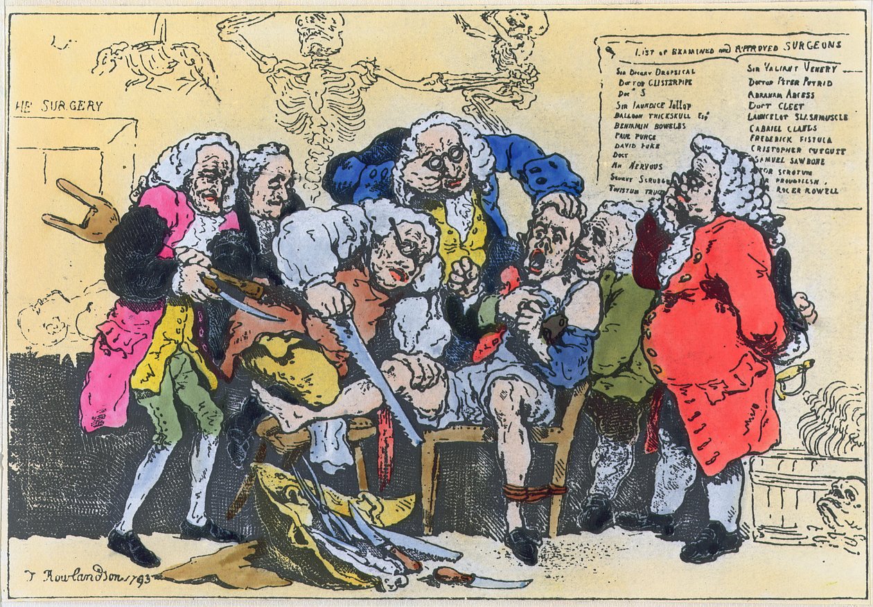 Caricatura de cirujanos georgianos trabajando de Thomas Rowlandson