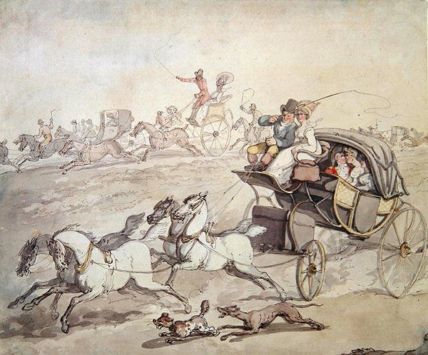 Carruajes y jinetes a toda velocidad a través de praderas abiertas, c.1800 de Thomas Rowlandson