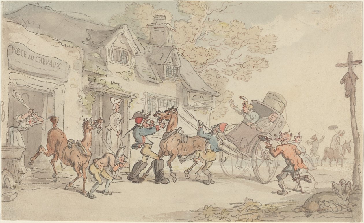Cambiando caballos en una casa de postas en Francia de Thomas Rowlandson
