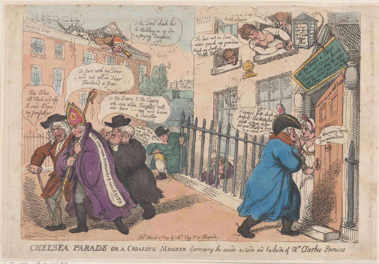 Desfile en Chelsea o un Miembro Croando Inspeccionando el Interior, Exterior y Parte Trasera, 4 de marzo de 1809 de Thomas Rowlandson