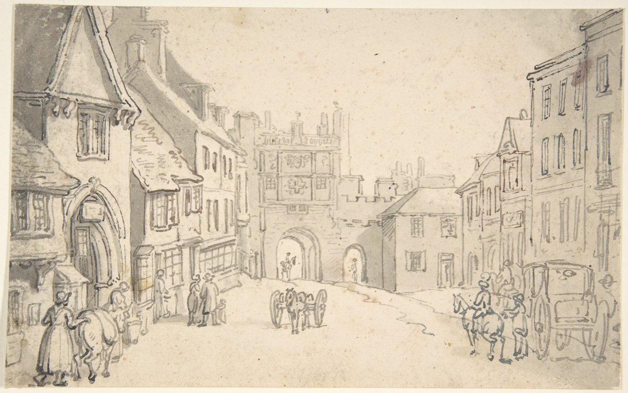 Vista de la ciudad con una puerta medieval (quizás York) de Thomas Rowlandson