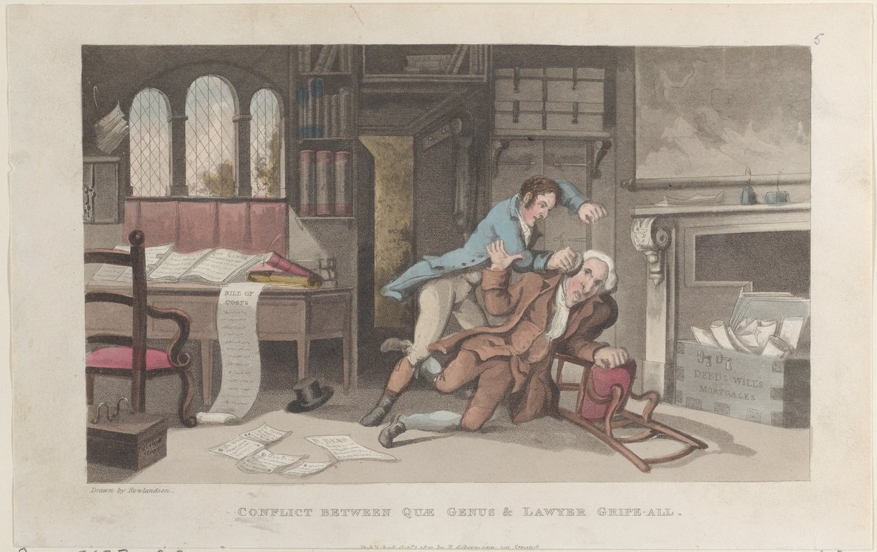 Conflicto entre Quae Genus y el abogado Gripe-all, de La historia de Johnny Q..., 1 de octubre de 1821 de Thomas Rowlandson