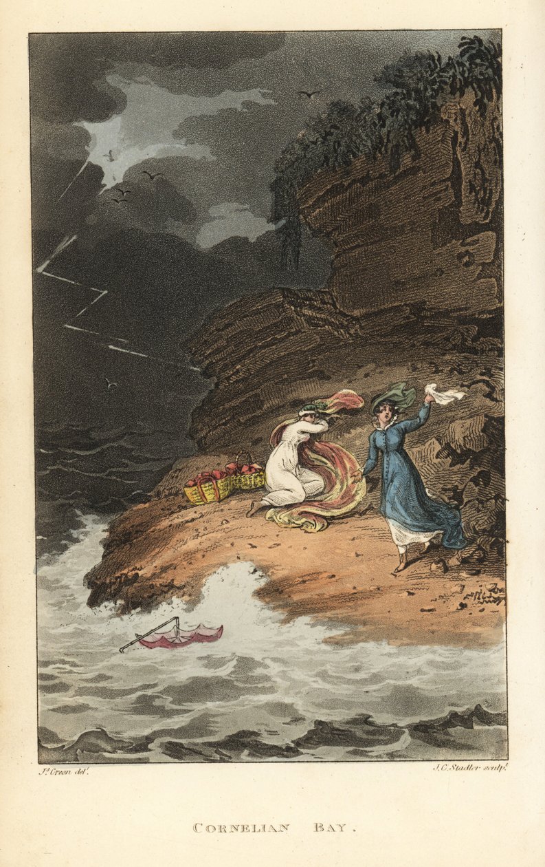 Cornelian Bay: Regency-Frauen bei einem Picknick werden von einem plötzlichen Sturm überrascht. Handkolorierte Kupferstichgravur von Thomas Rowlandson, Aquatinta von J.C. Stadler, nach einer Skizze von J. Green aus Poetical Sketches of Scarborough, Ackerma von Thomas Rowlandson