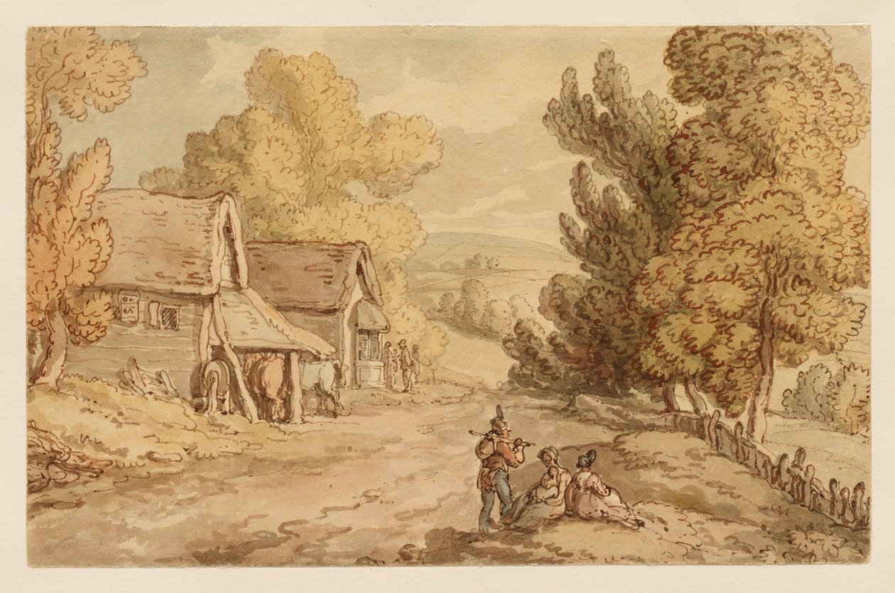 Cabaña y granero con figuras descansando al borde de un camino rural de Thomas Rowlandson