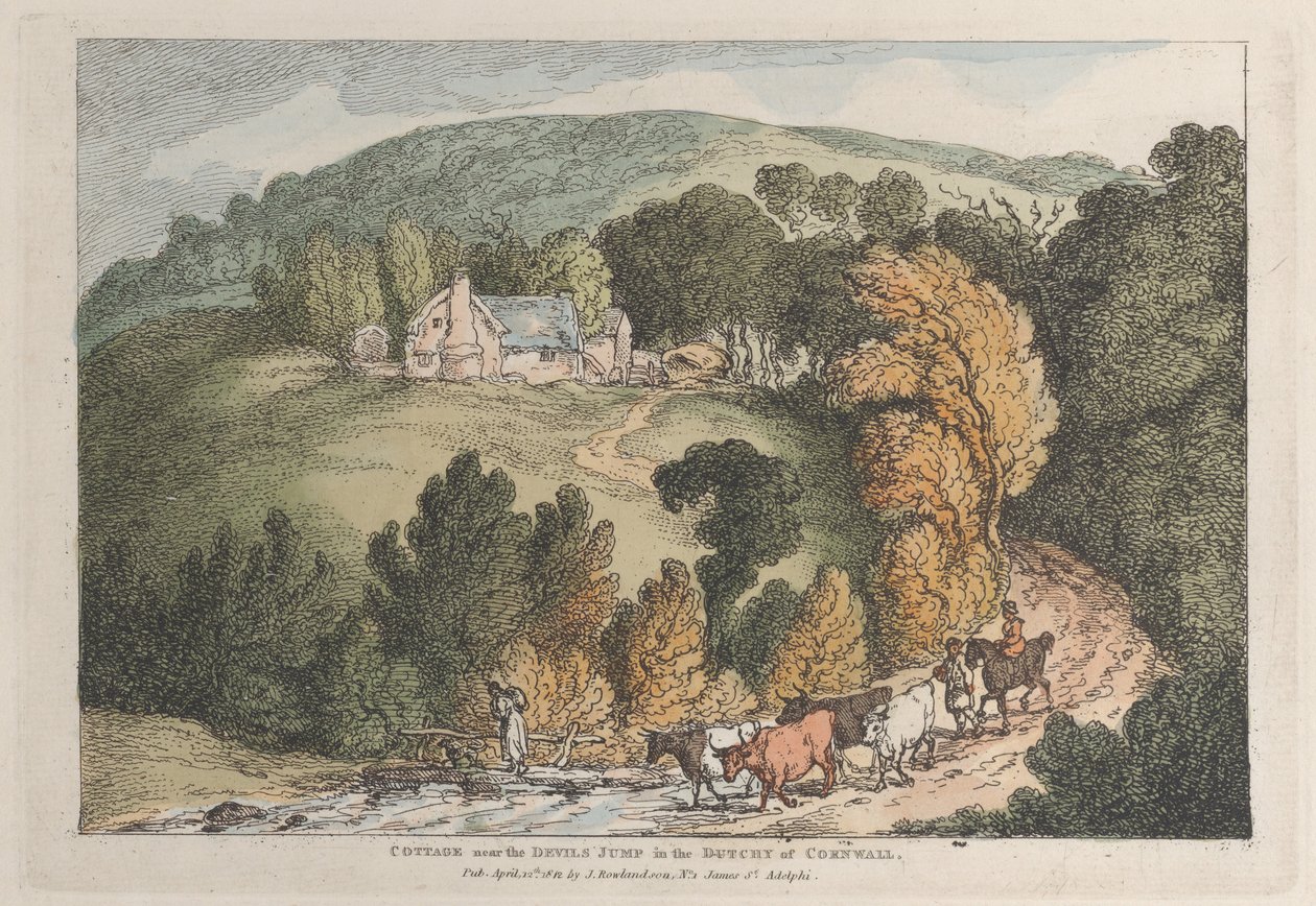 Cabaña cerca del Salto del Diablo en el Ducado de Cornualles, de Vistas en Cornualles, 12 de abril de 1812 de Thomas Rowlandson