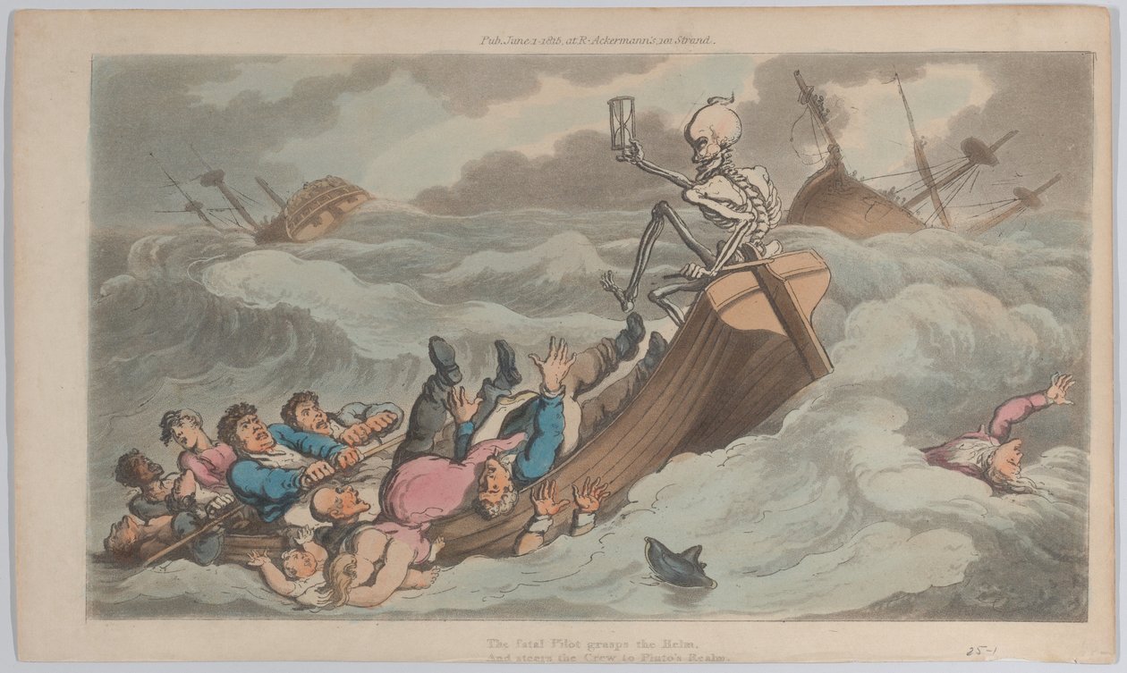 La muerte convertida en piloto de La danza inglesa de la muerte, vol. II, pl. 9, 1 de junio de 1815 de Thomas Rowlandson