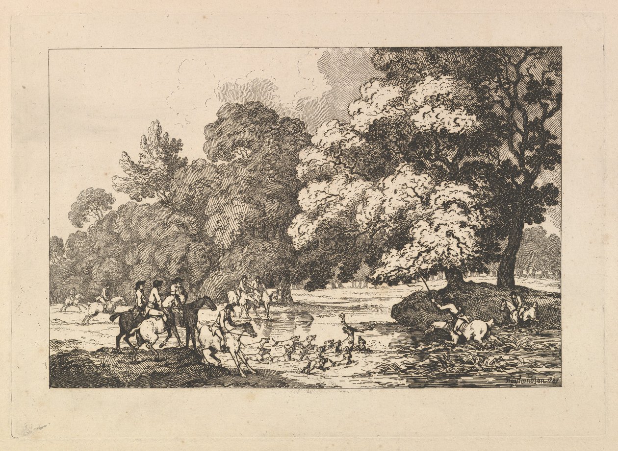 Caza del ciervo: una escena paisajística con un ciervo y sabuesos junto a un río de Thomas Rowlandson
