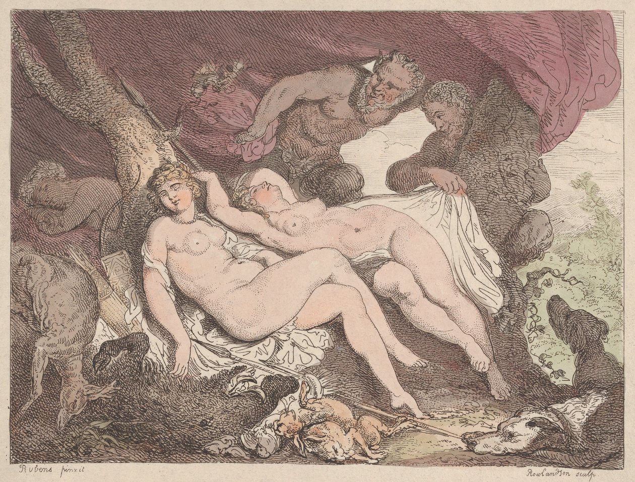 Diana y sus ninfas espiadas por sátiros de Thomas Rowlandson