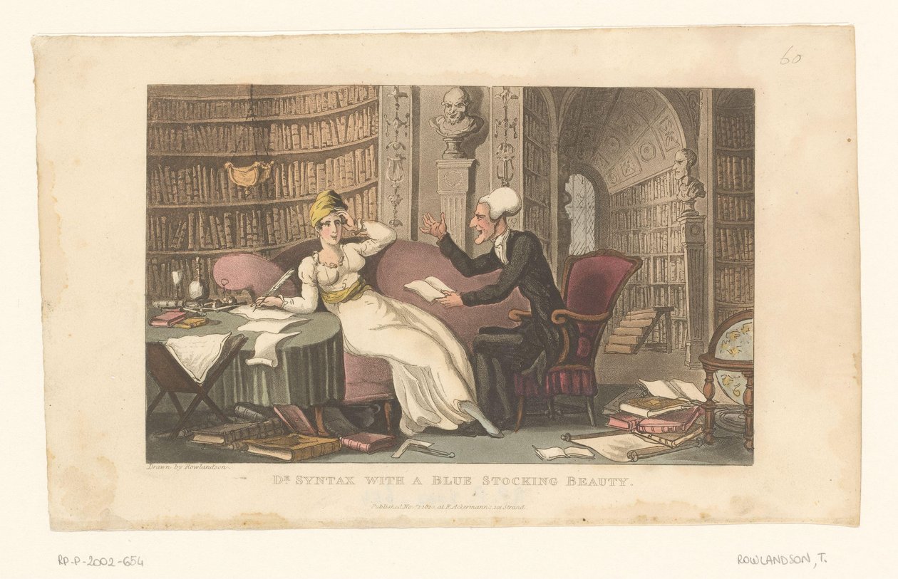 El Doctor Syntax con una mujer en una biblioteca de Thomas Rowlandson