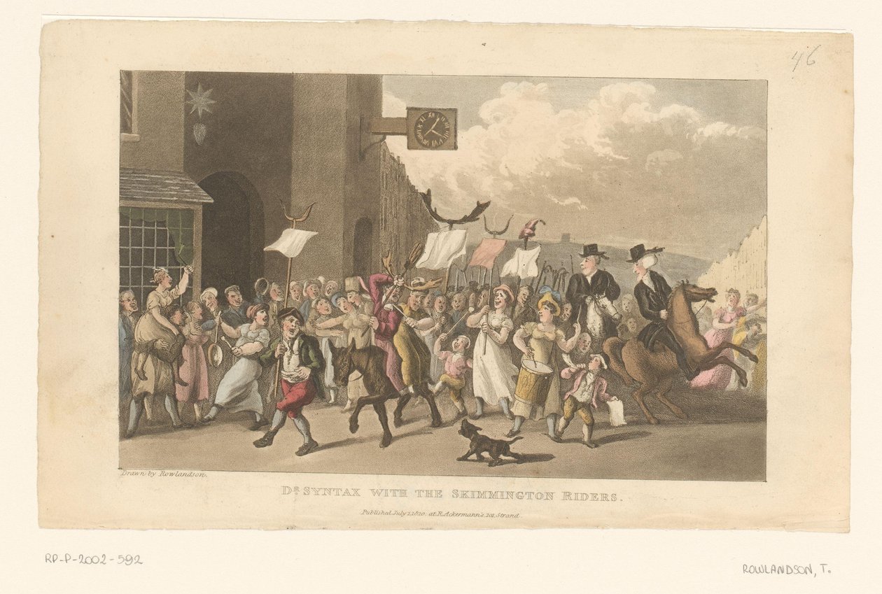 El Doctor Syntax participa en un charivari montado en su caballo de Thomas Rowlandson