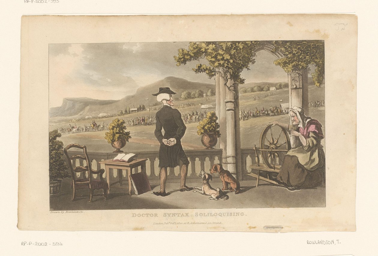 El Doctor Syntax observa fijamente un desfile en el paisaje de Thomas Rowlandson