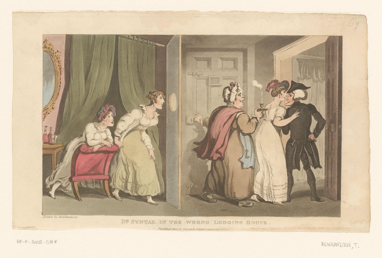 Dos mujeres acompañan al Doctor Syntax hasta una puerta de Thomas Rowlandson