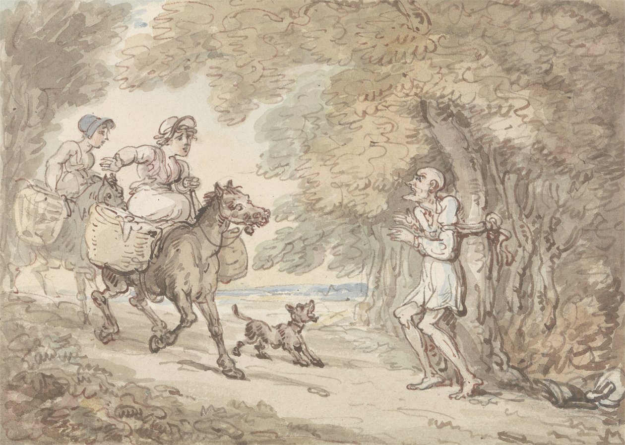 El Dr. Syntax atado a un árbol por bandidos de Thomas Rowlandson