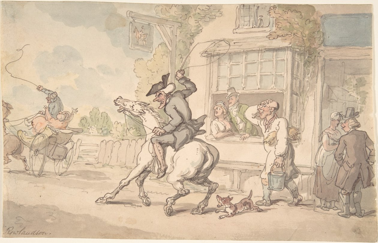 El Dr. Syntax con un caballo rebelde frente a una posada de Thomas Rowlandson