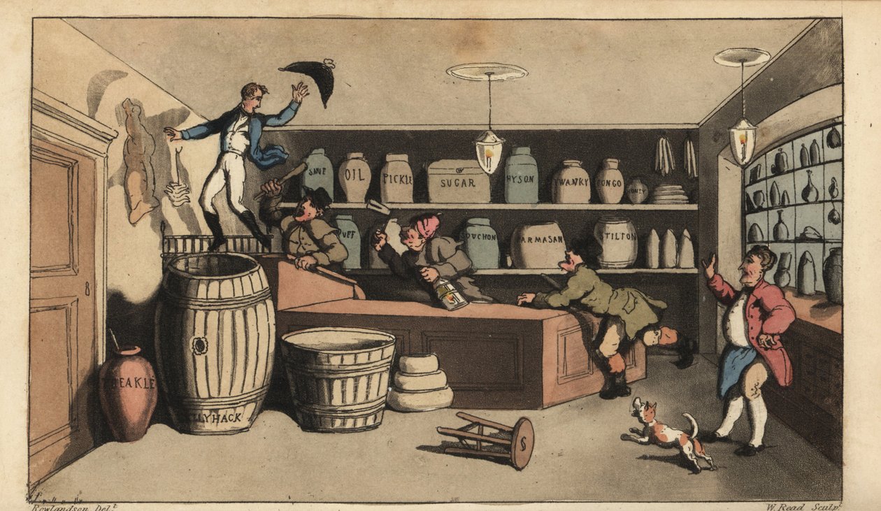 Johnny borracho perseguido por vigilantes nocturnos en una tienda de comestibles a punto de caer en un barril de mantequilla. Grabado en cobre coloreado a mano por W. Read después de una ilustración de Thomas Rowlandson de Las Aventuras de Johnny Newcombe  de Thomas Rowlandson