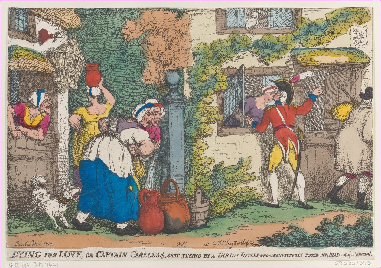 Muriendo por amor, o el Capitán Careless, disparado por una chica de quince años que apareció inesperadamente, 1810 de Thomas Rowlandson