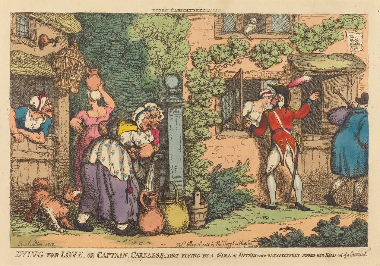 Muriendo por amor, o el Capitán Careless disparado por una niña de quince años, que inesperadamente asomó su cabeza por una ventana de Thomas Rowlandson