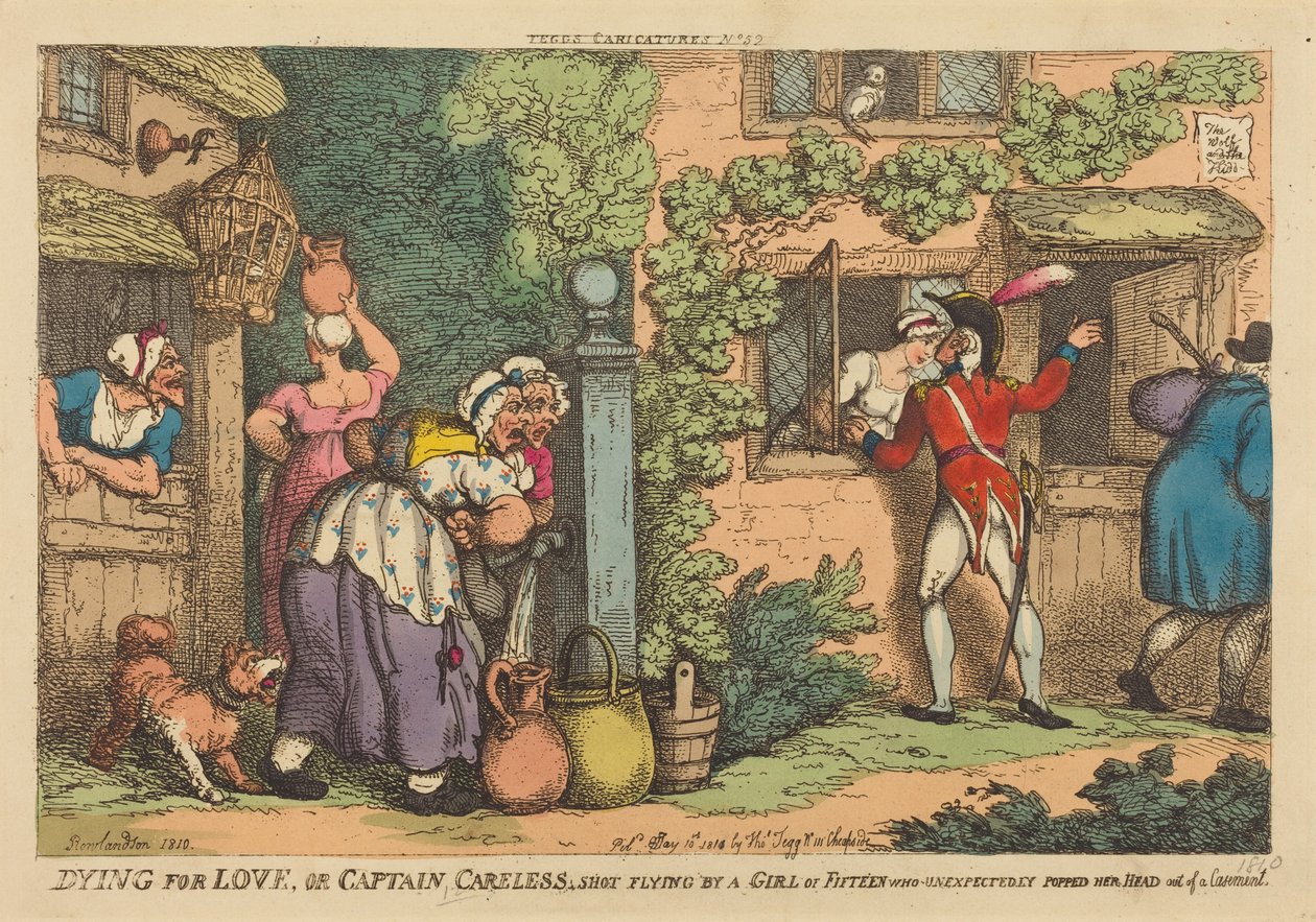 «Morir por amor», o «El capitán Careless, abatido por el disparo de una chica de quince años que, de improviso, asomó la cabeza por una ventana abatible» de Thomas Rowlandson