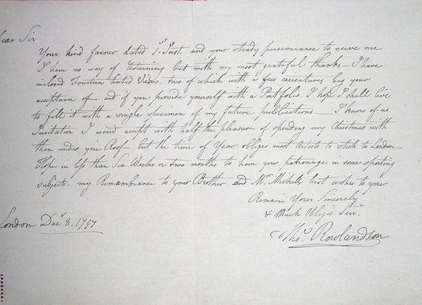 La carta más antigua conocida del artista a un Sr. Downs, un posible mecenas, 8 de diciembre de 1797 de Thomas Rowlandson