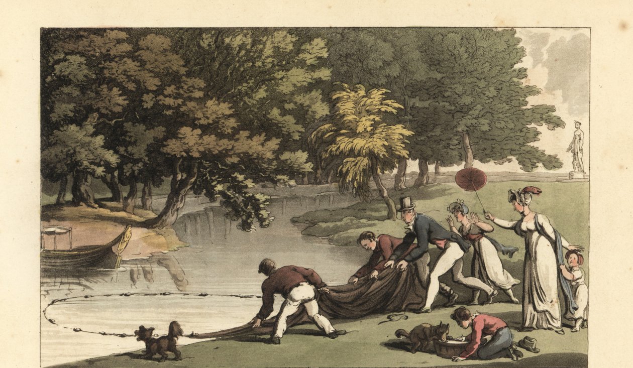 Caballero inglés y personal pescando en un río de Thomas Rowlandson